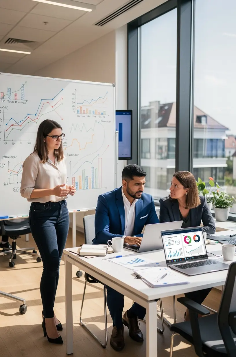 Nahaufnahme von Händen, die Finanzdokumente mit Grafiken und Zahlen für Unternehmensfinanzierung halten