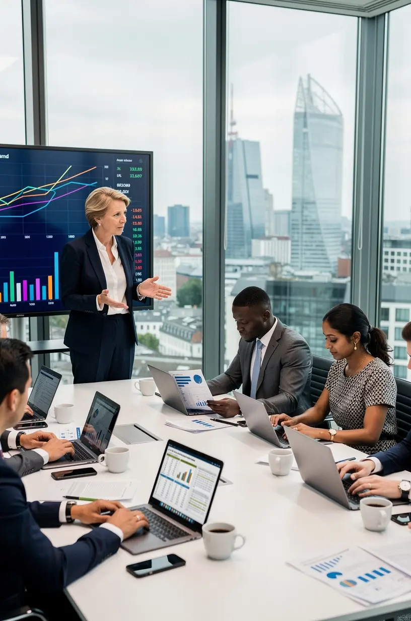Professionelle Beratungsgespräche zwischen Geschäftspartnern über industrielle Finanzierungsoptionen und Leasingverträge in einem modernen Büro.
